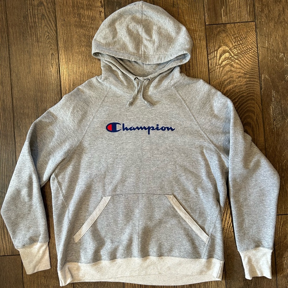 Champion Women’s Light Gray Hoodie with Blue & Red Logo
